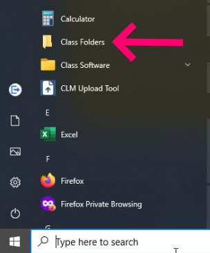 Image of selecting Class Folders in Start Menu